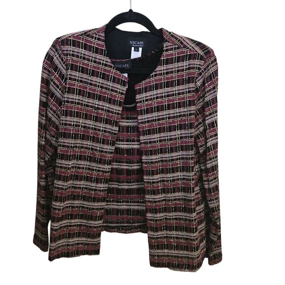 Vintage Xscape Unique Plaid Burgundy Gold Glitter Twin Set Blazer Tank Size L - Picture 1 of 7